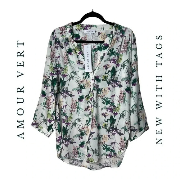 1302. AMOUR VERT NEW WITH TAGS LONG SLEEVE BLOUSE 100% SILK FLORAL PATTERN MED‎ - Picture 2 of 10